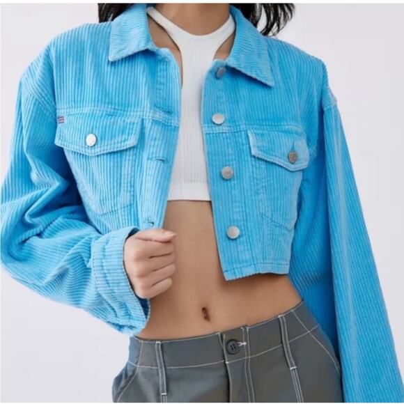 Urban Outfitters BDG Blue Corduroy Cropped Button Up Y2K Jacket Women Size Large - Picture 1 of 16